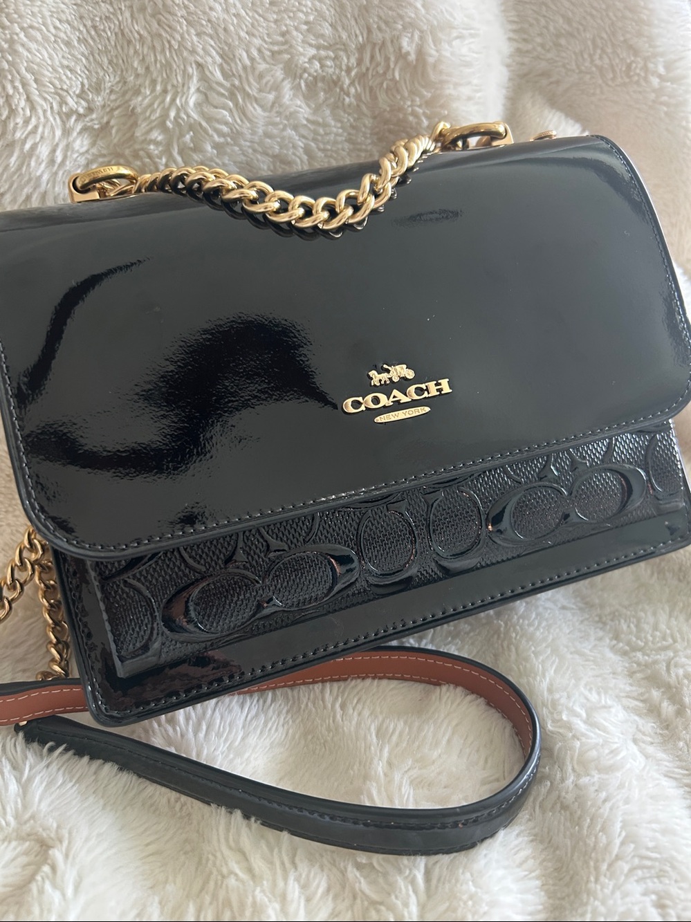 COACH Black Patent Shoulder Bag with Gold Chain